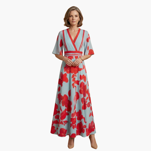 Damen Blumenkleid Elegant V-Ausschnitt Lang Freizeit