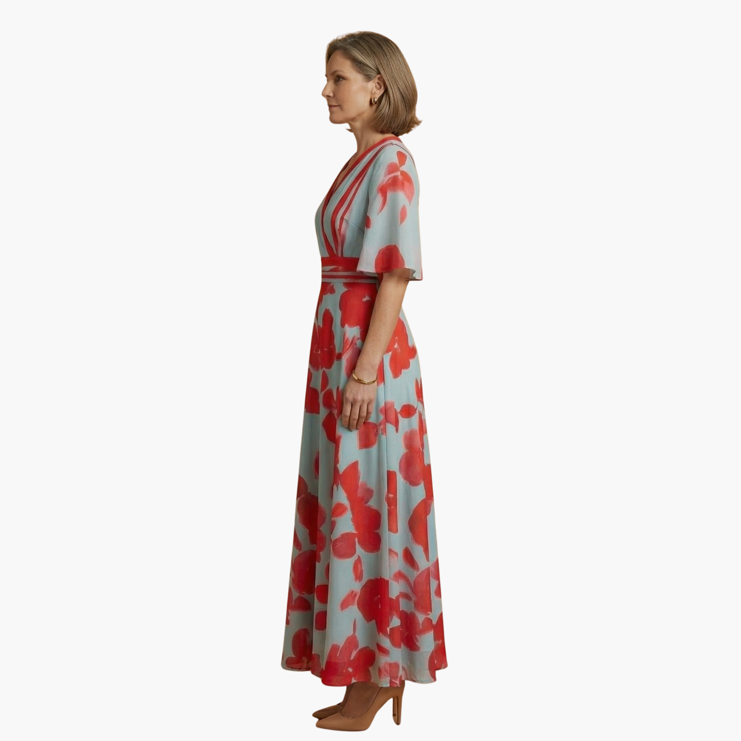 Damen Blumenkleid Elegant V-Ausschnitt Lang Freizeit