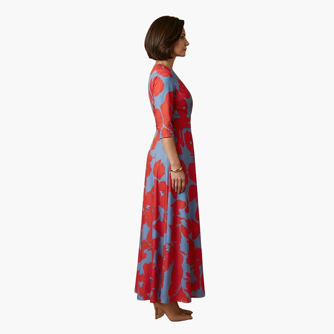 Damen Blumenkleid Elegant V-Ausschnitt Lang Freizeit