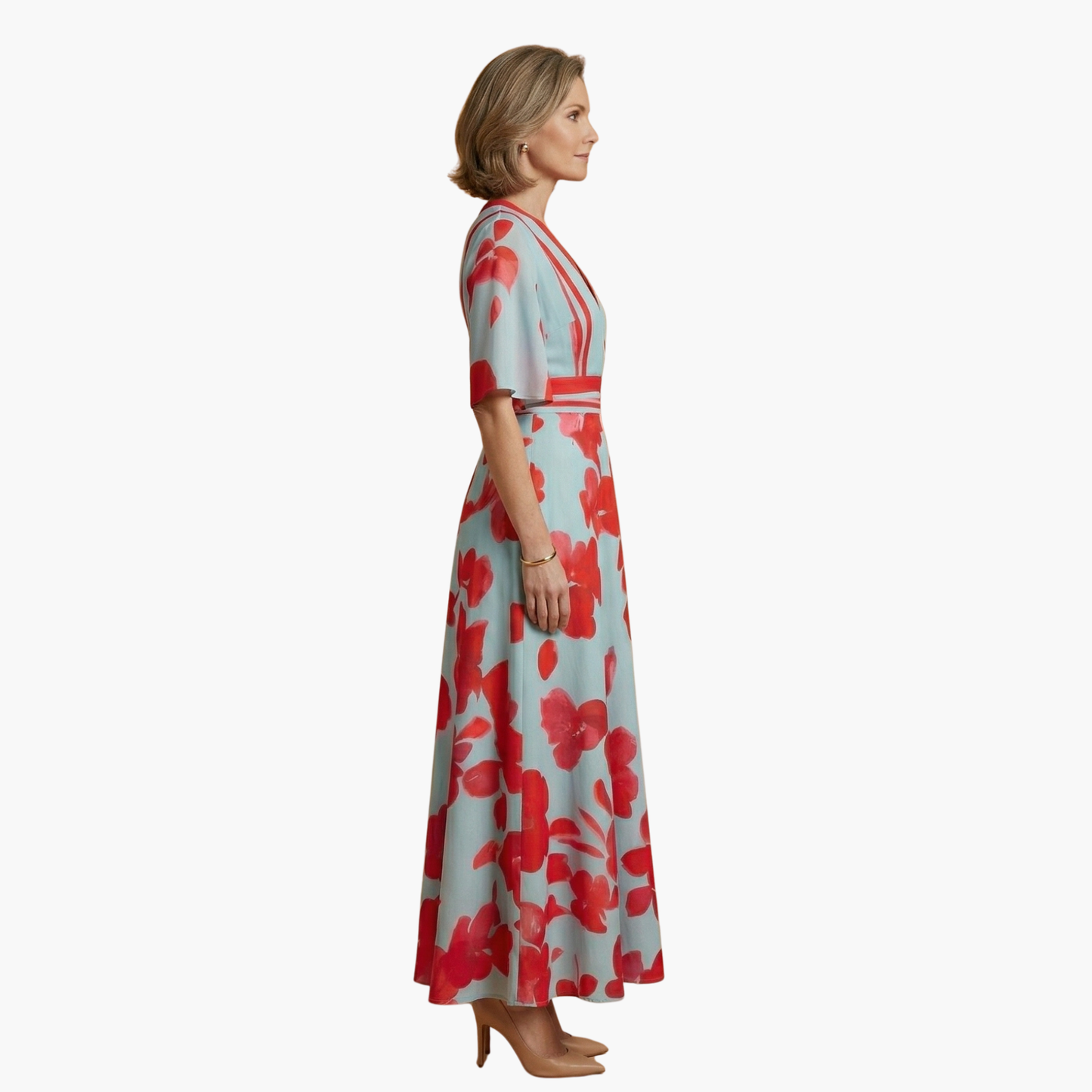 Damen Blumenkleid Elegant V-Ausschnitt Lang Freizeit