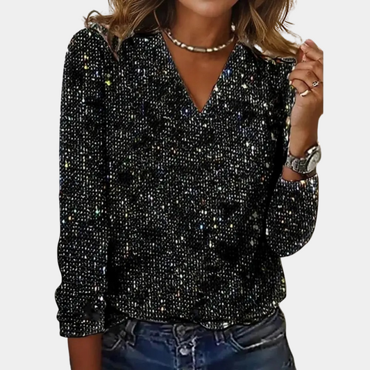Oberteil Damen Elegant V-Ausschnitt Glitter Langarm
