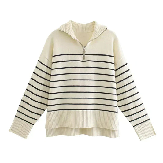 Strickpullover Damen Relaxed Fit Casual Halb-Zip Creme Marineblau