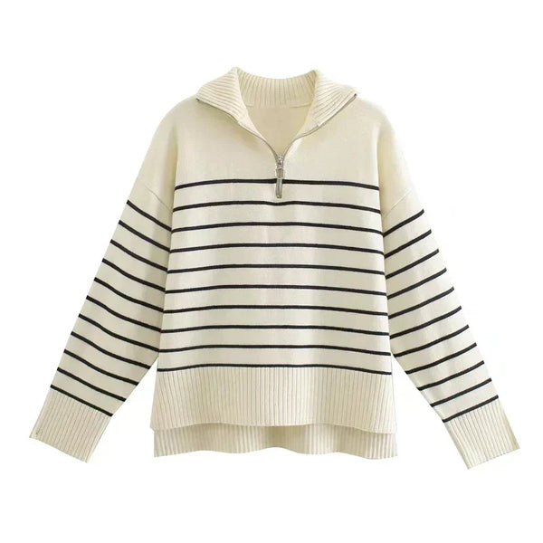 Strickpullover Damen Relaxed Fit Casual Halb-Zip Creme Marineblau