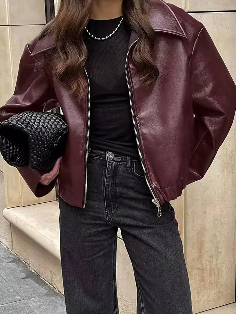 Kunstlederjacke Damen | Burgunderrote Jacke mit Maßgeschneiderter Passform | Stilvolles Design für Elegante Anlässe 4