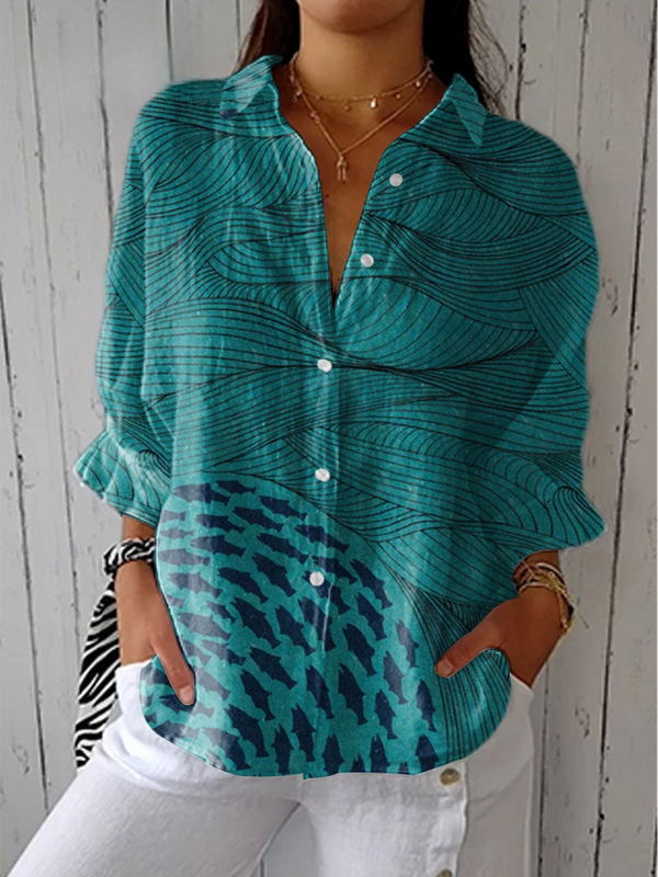 Lässiges Hemd Damen | V-Ausschnitt mit Ozean-Kunstdruck | Atmungsaktiv für Komfort