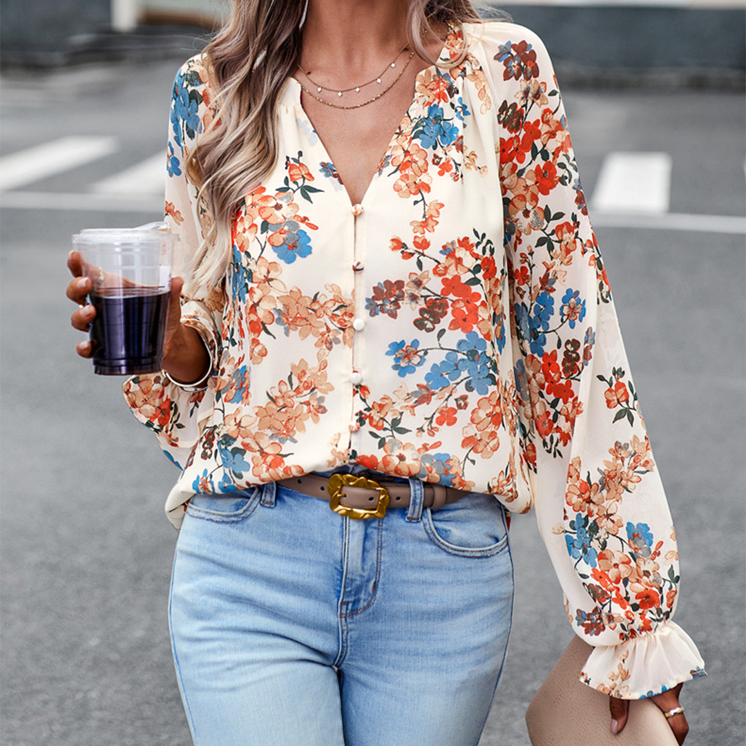 Leichte Sommerbluse mit Blumendruck und V-Ausschnitt | Elegante Bluse für Stil und Komfort 0