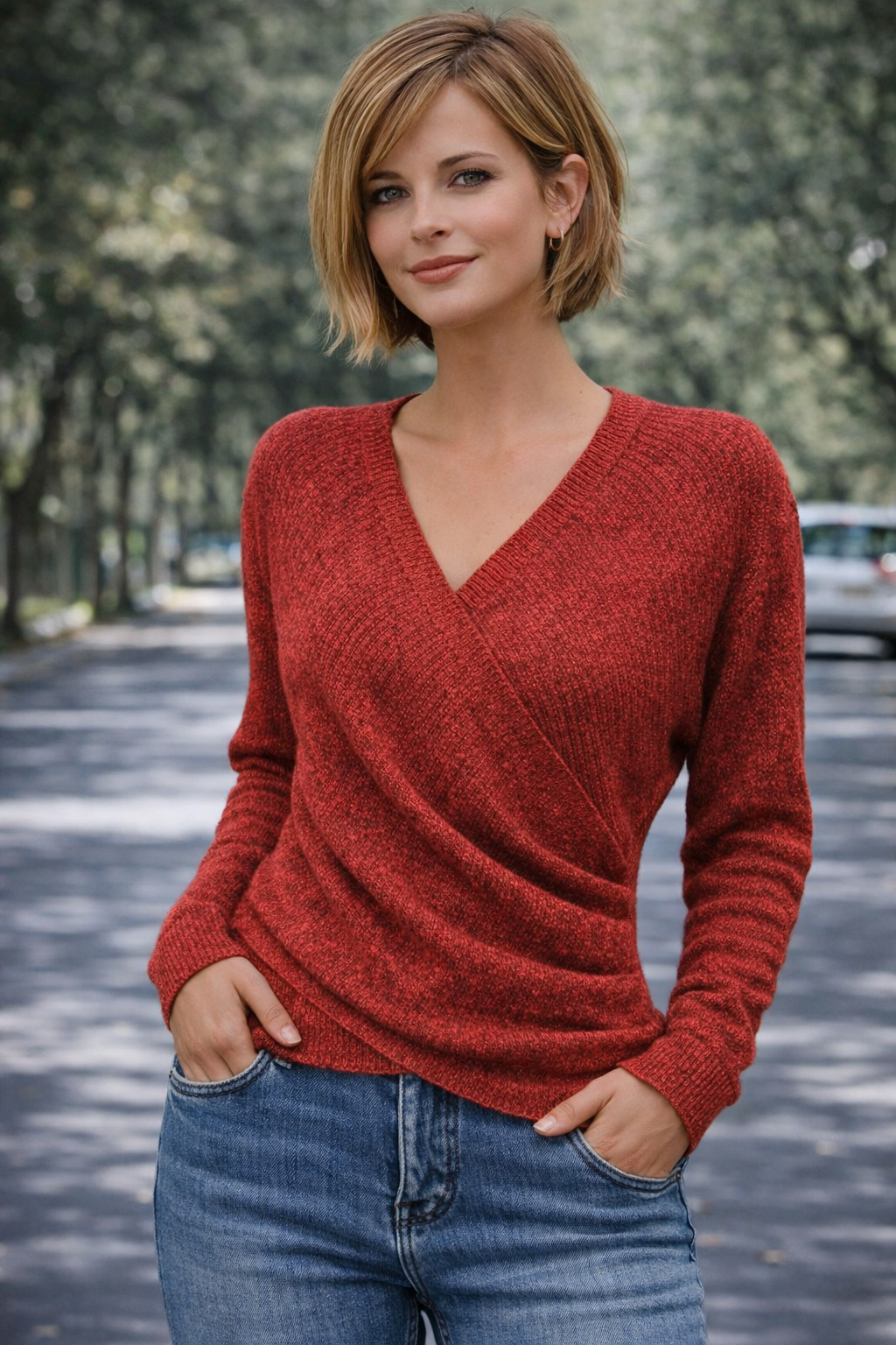 Pullover Damen Wickeldesign V-Ausschnitt Elegant