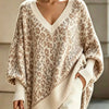Damen Pullover Oversize Freizeit mit Leopardenmuster und V-Ausschnitt