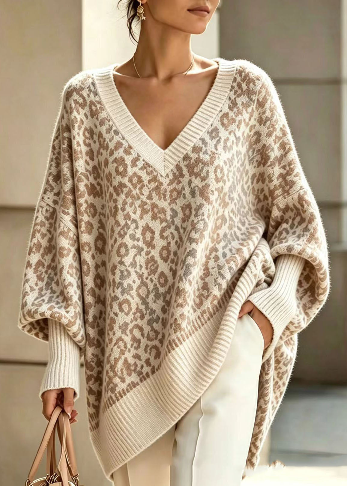Damen Pullover Oversize Freizeit mit Leopardenmuster und V-Ausschnitt
