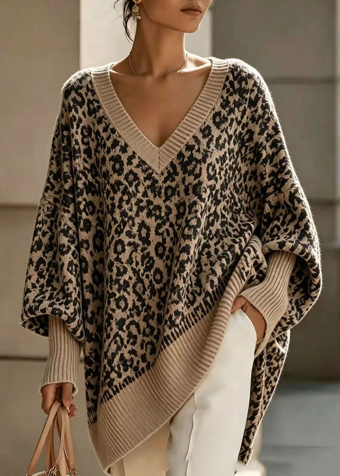Damen Pullover Oversize Freizeit mit Leopardenmuster und V-Ausschnitt