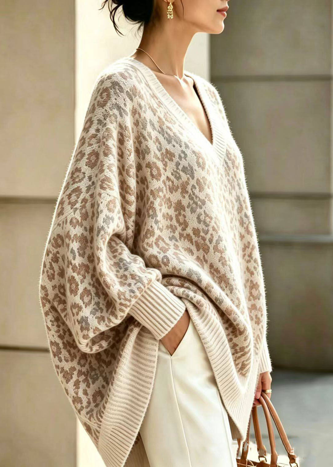 Damen Pullover Oversize Freizeit mit Leopardenmuster und V-Ausschnitt