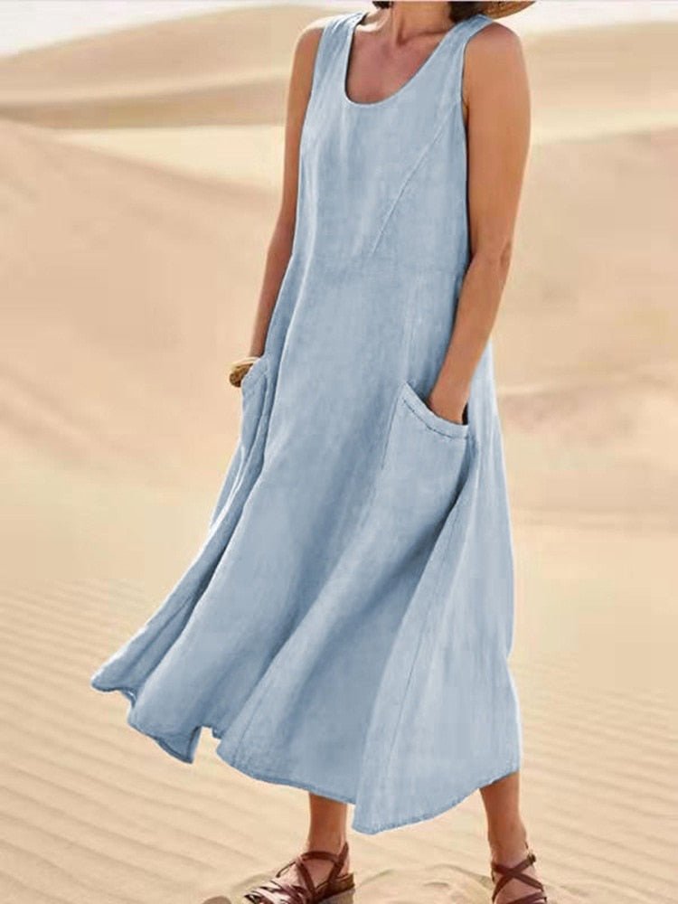 Damen Maxikleid Ärmellos Relaxed Fit Freizeit mit Taschen