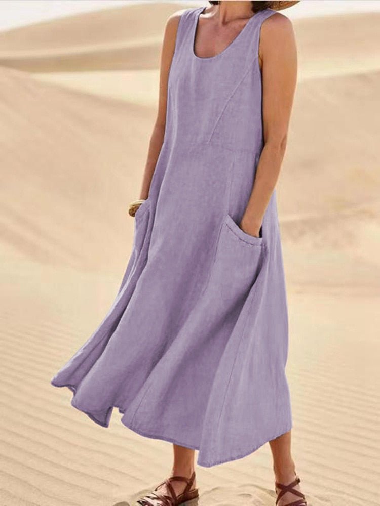 Damen Maxikleid Ärmellos Relaxed Fit Freizeit mit Taschen