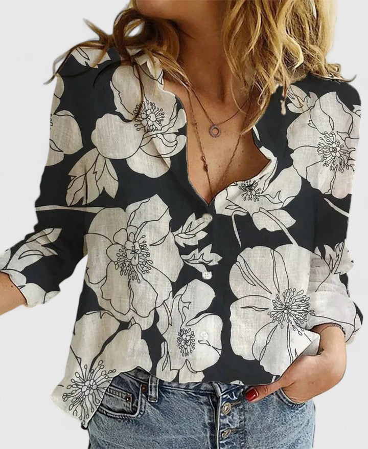Bluse Damen Romantisch V-Ausschnitt Botanischer Druck