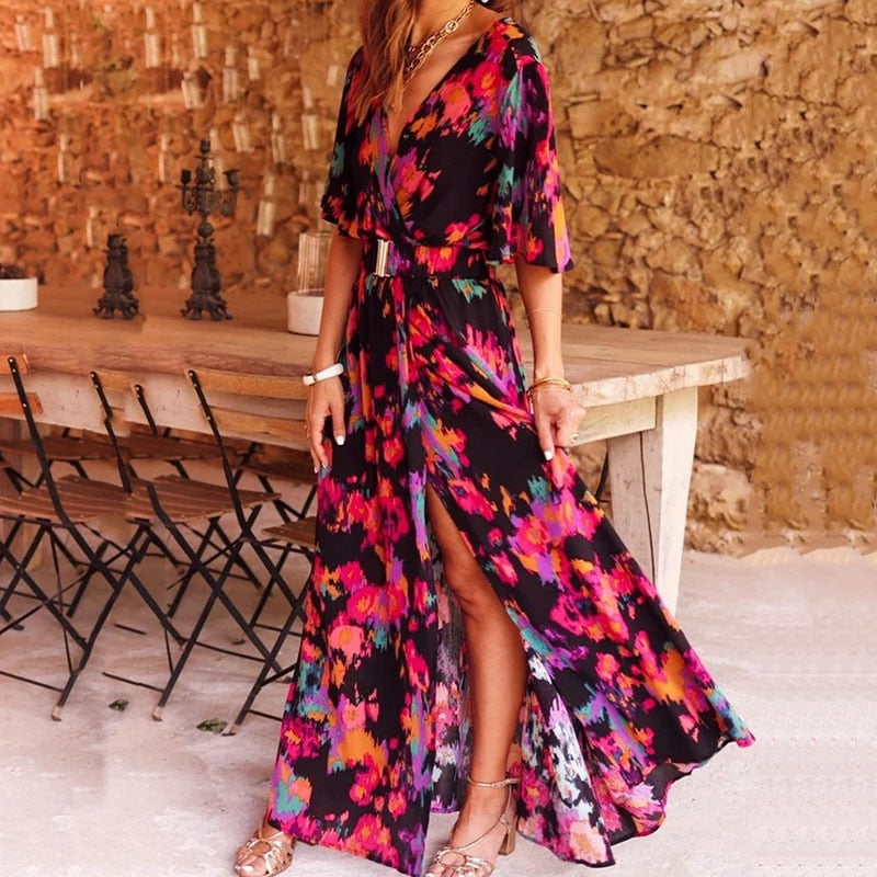 Maxikleid Damen Wickelstil Sommer Freizeit Regular Fit