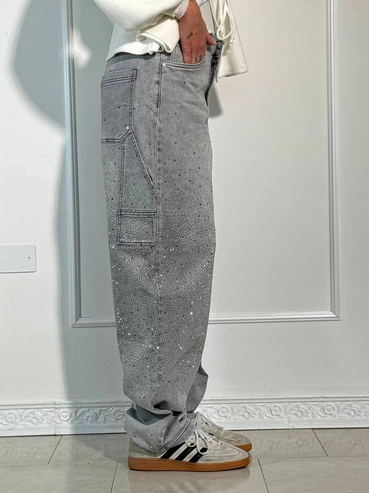 Hose Damen Hochtailliert Weitbein Knopftaschen Elegant