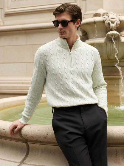 Luxurious Cable Knit Zip Collar Sweater - Cross & Crown