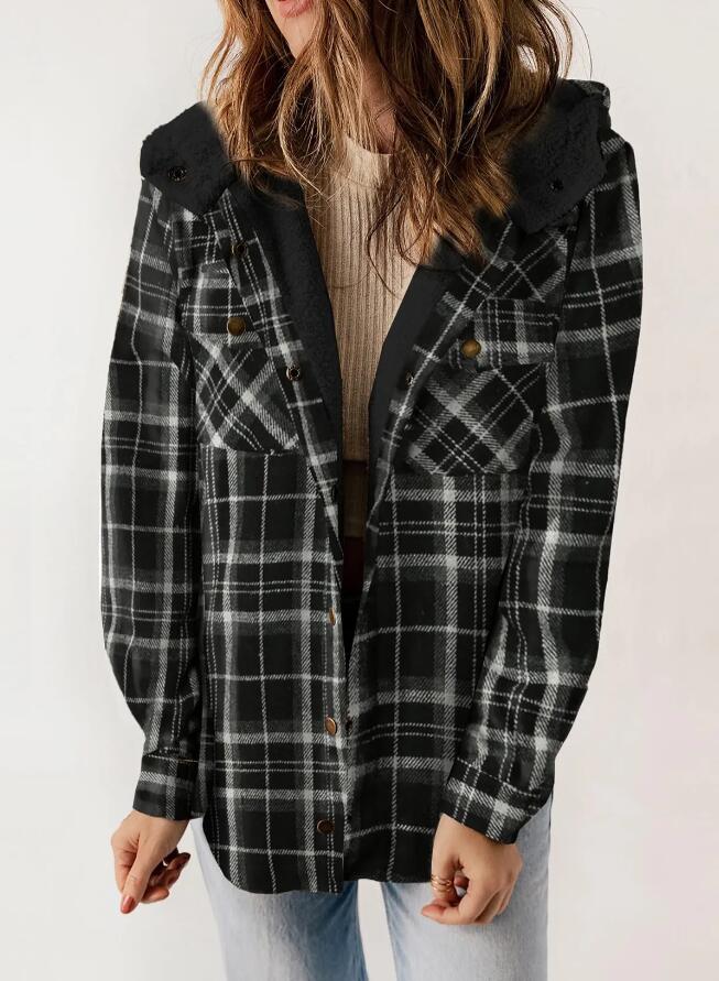 Kapuzenjacke Damen Relaxed Fit Herbst & Winter Plaid Flanell