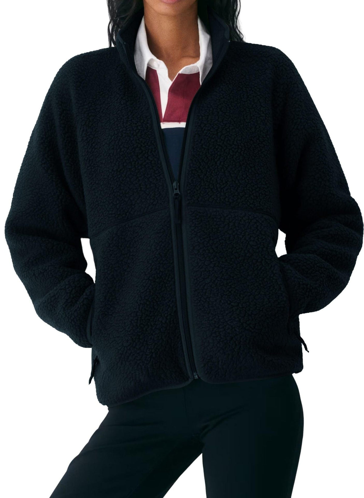 Damen Fleecejacke Regular Fit Freizeit mit hohem Kragen und Reißverschlusstaschen