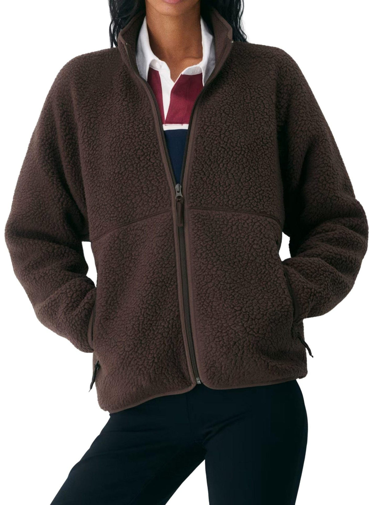 Damen Fleecejacke Regular Fit Freizeit mit hohem Kragen und Reißverschlusstaschen