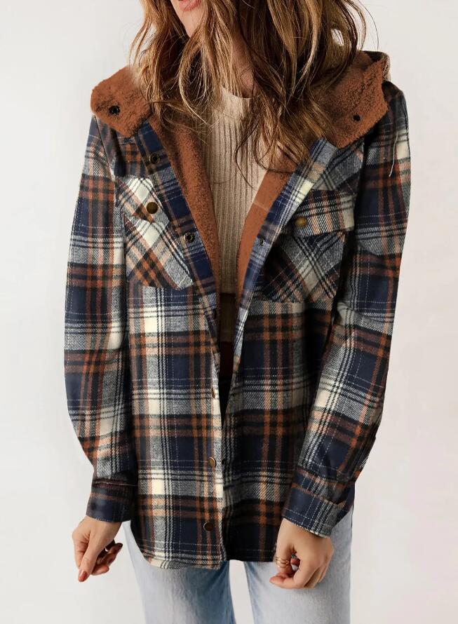 Kapuzenjacke Damen Relaxed Fit Herbst & Winter Plaid Flanell