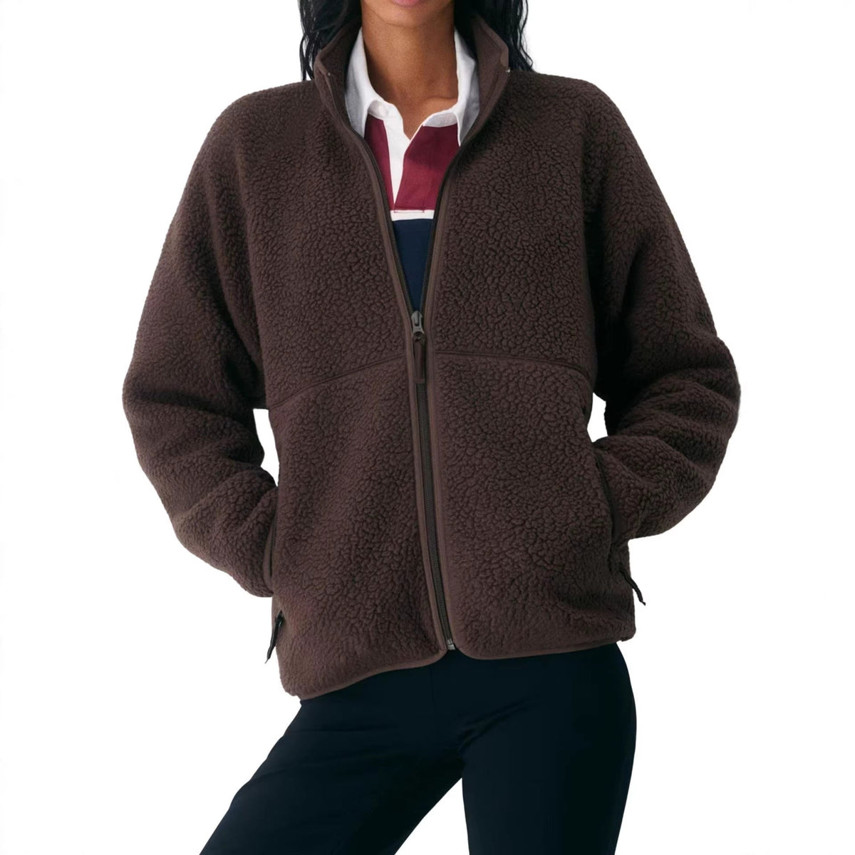 Damen Fleecejacke Regular Fit Freizeit mit hohem Kragen und Reißverschlusstaschen