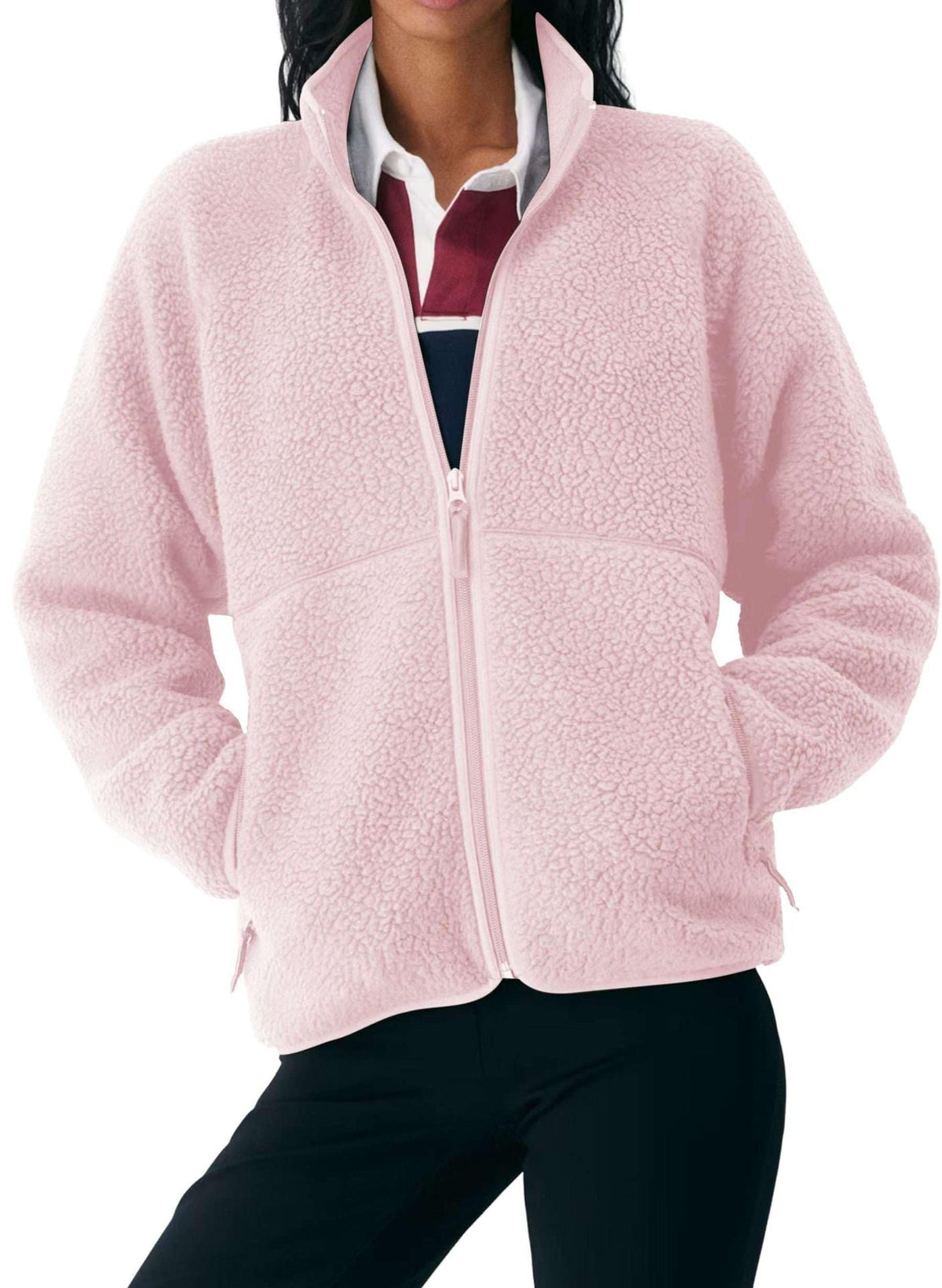 Damen Fleecejacke Regular Fit Freizeit mit hohem Kragen und Reißverschlusstaschen
