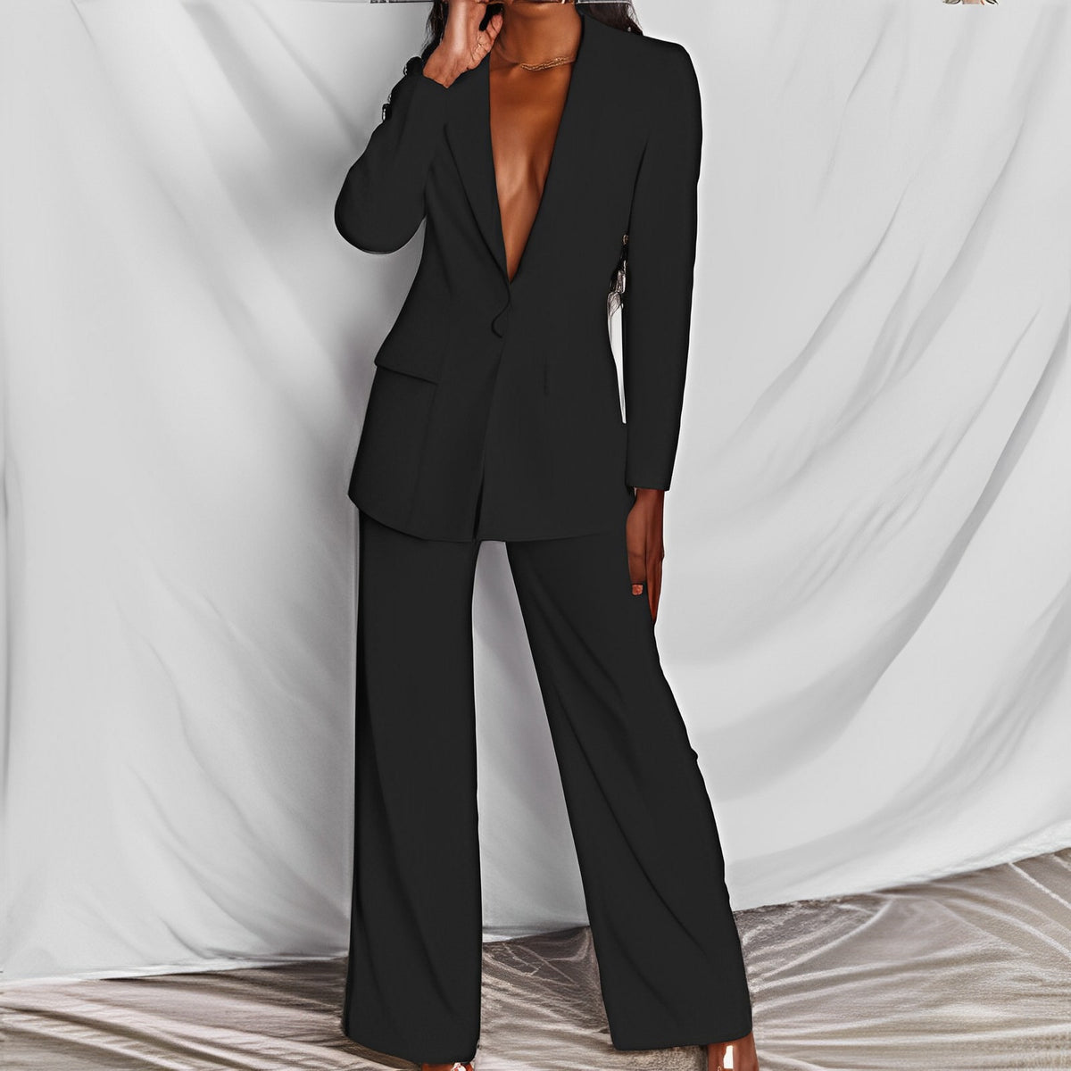Zweiteiler Damen Elegant Blazer Gürtel Weite Hose