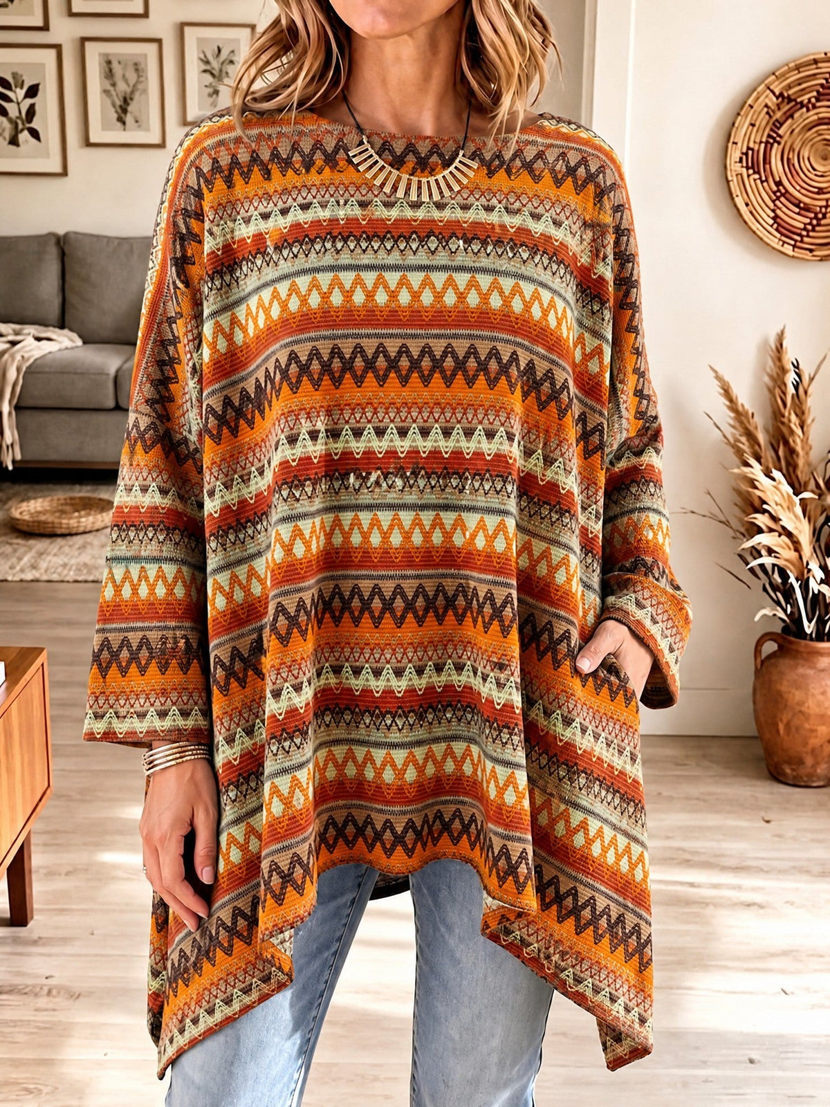Damen Ponchopullover Oversize Freizeit mit asymmetrischem Saum und Taschen