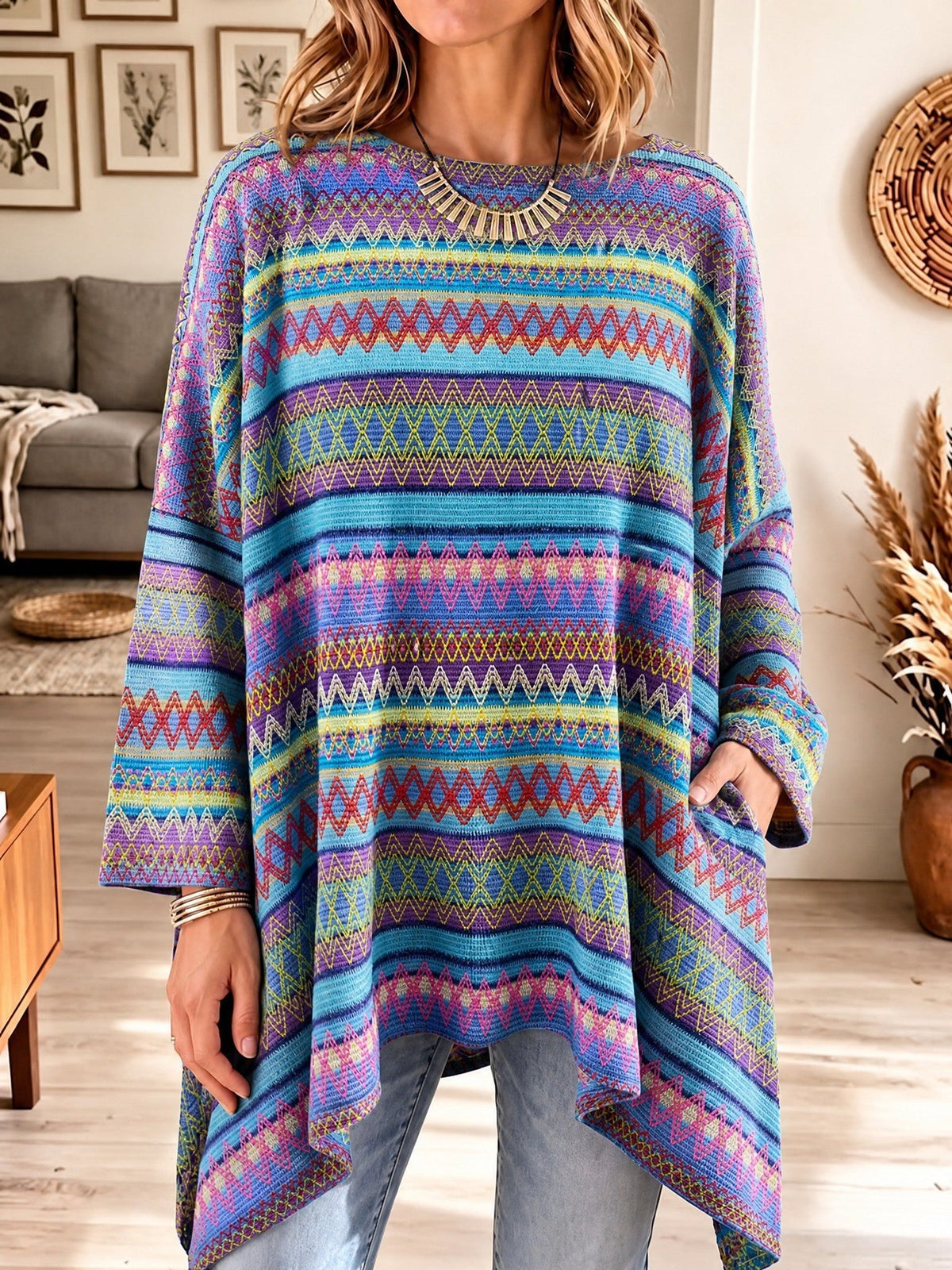 Damen Ponchopullover Oversize Freizeit mit asymmetrischem Saum und Taschen