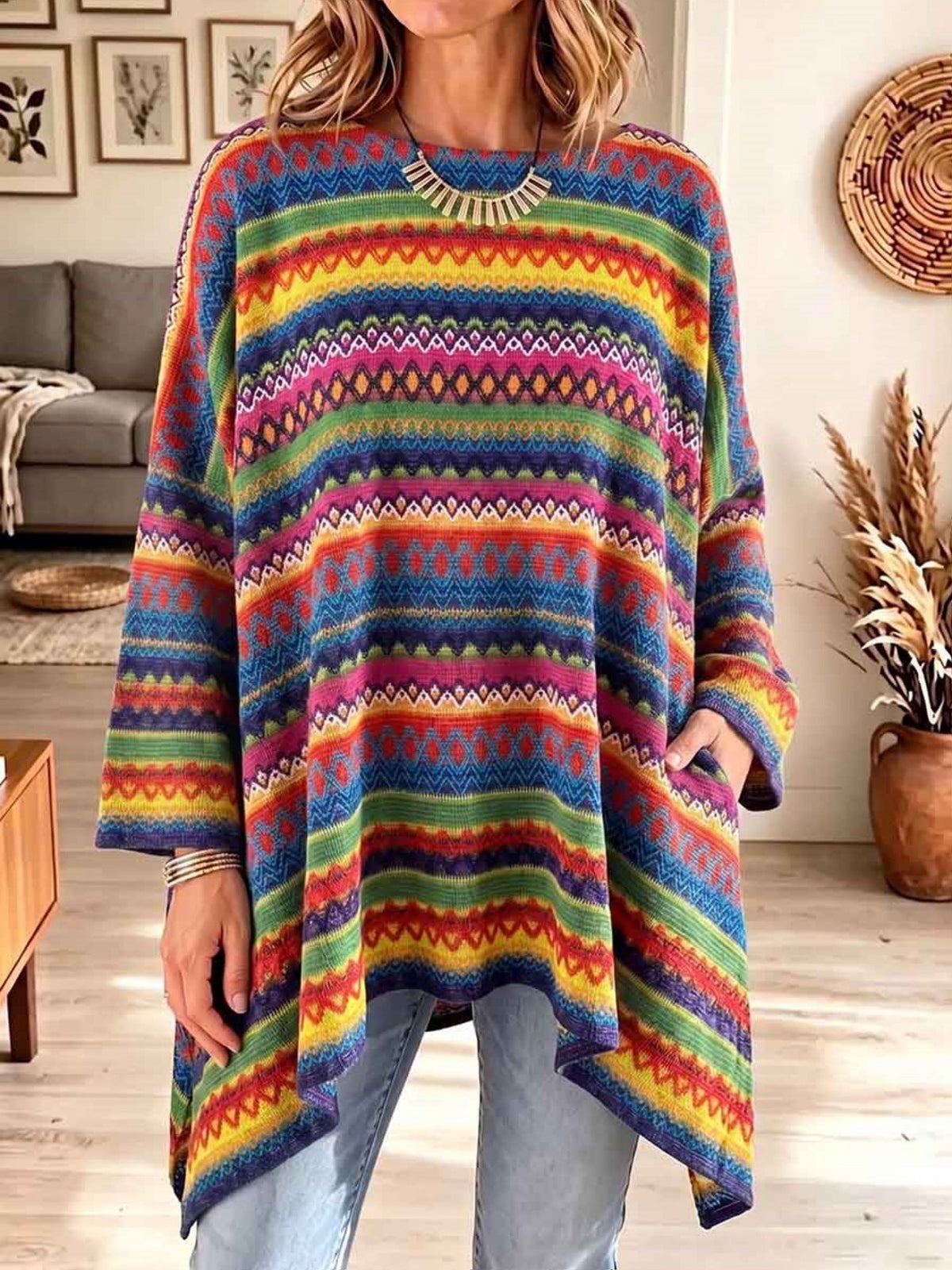 Damen Ponchopullover Oversize Freizeit mit asymmetrischem Saum und Taschen