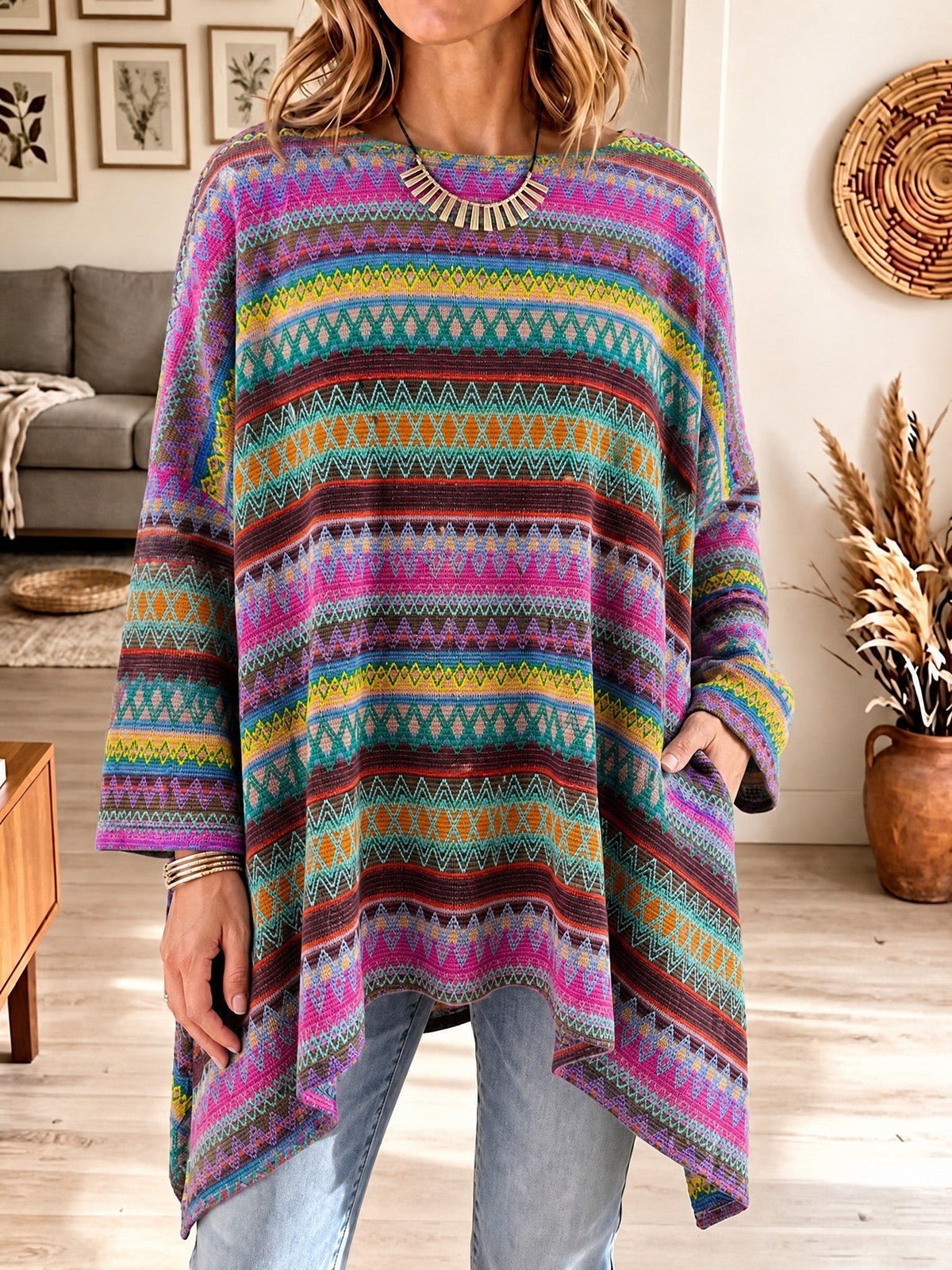 Damen Ponchopullover Oversize Freizeit mit asymmetrischem Saum und Taschen
