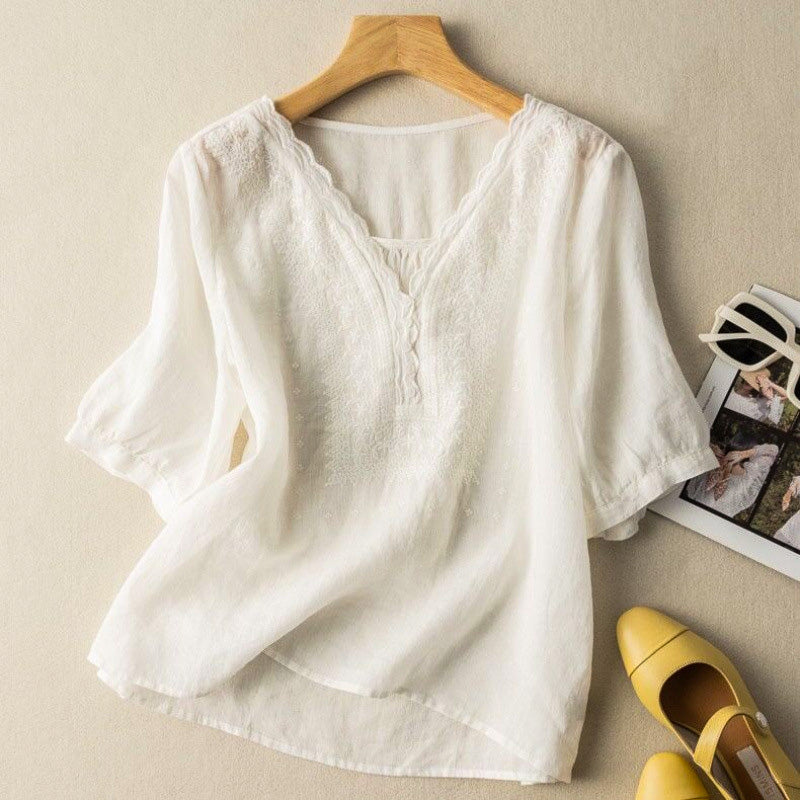 Bluse Damen Relaxed Fit Casual V-Ausschnitt Stickerei