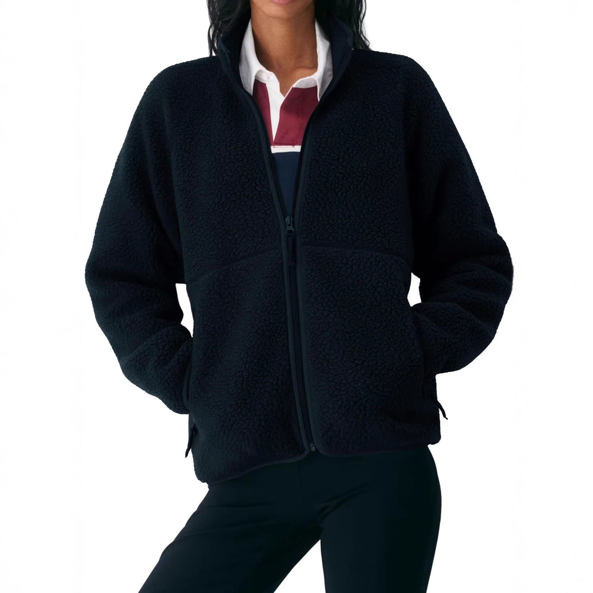 Damen Fleecejacke Regular Fit Freizeit mit hohem Kragen und Reißverschlusstaschen