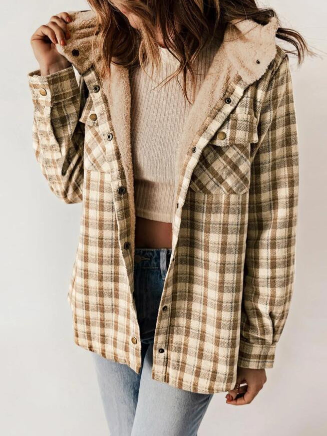 Kapuzenjacke Damen Relaxed Fit Herbst & Winter Plaid Flanell