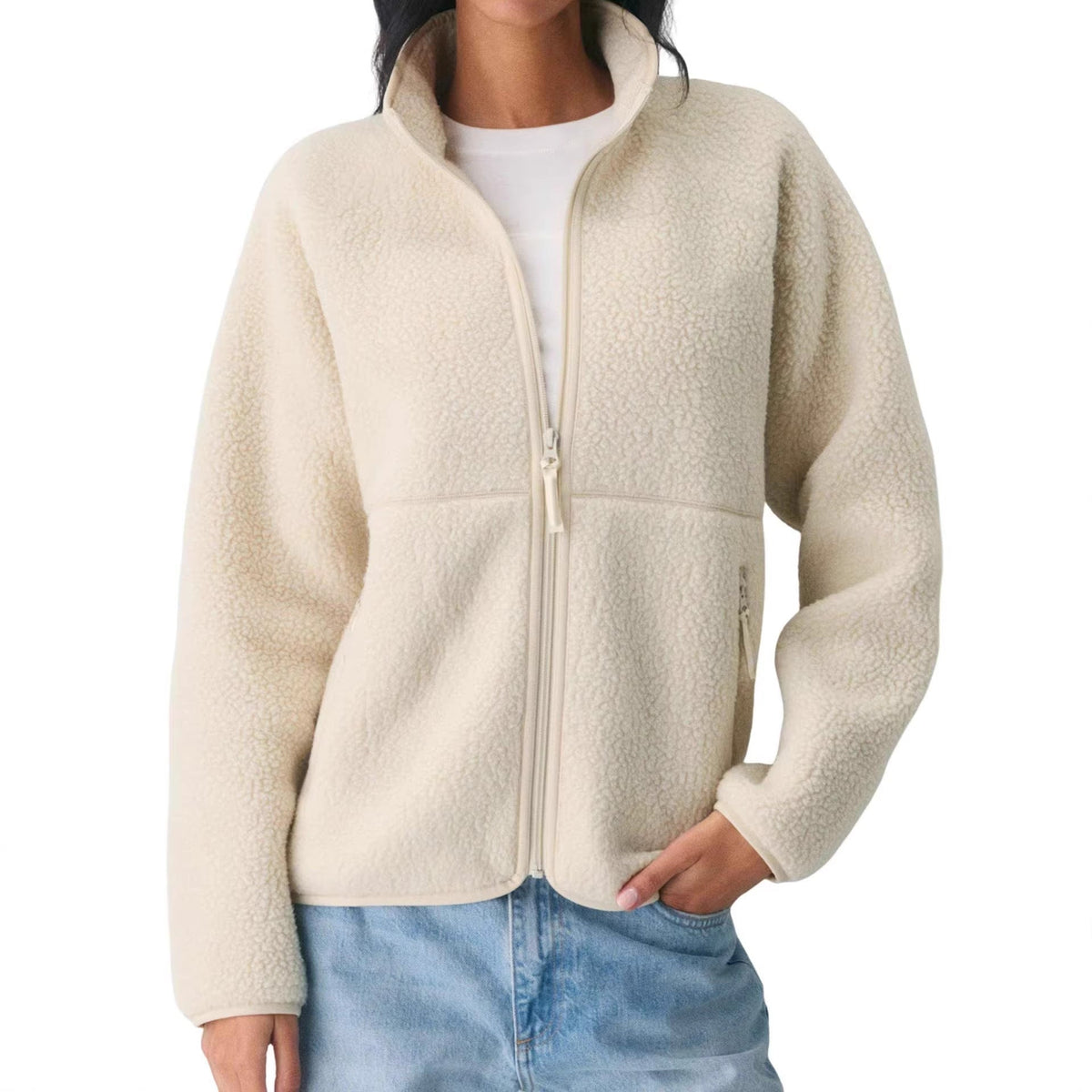 Damen Fleecejacke Regular Fit Freizeit mit hohem Kragen und Reißverschlusstaschen