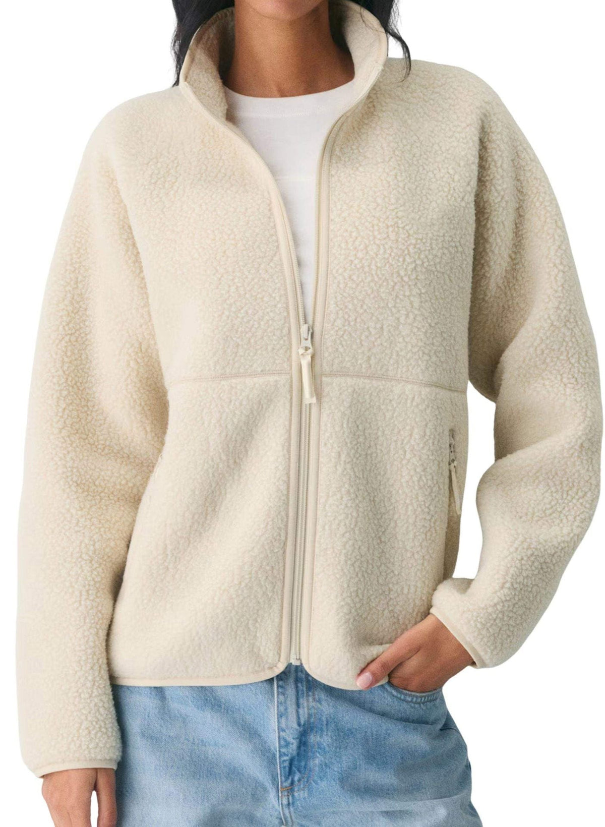 Damen Fleecejacke Regular Fit Freizeit mit hohem Kragen und Reißverschlusstaschen