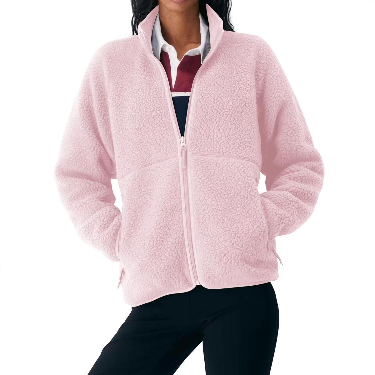 Damen Fleecejacke Regular Fit Freizeit mit hohem Kragen und Reißverschlusstaschen