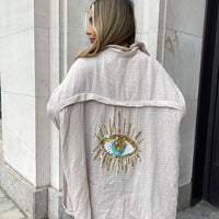 Oversize Hemd Damen Pailletten Auge Musselin-Optik Luftig für Sommer & Strandurlaub
