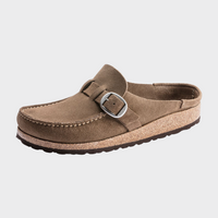 Damen Clogs Wildleder Look – bequeme Slip-On Schuhe mit Schnalle und Korksohle – Casual Sommer Pantoffeln