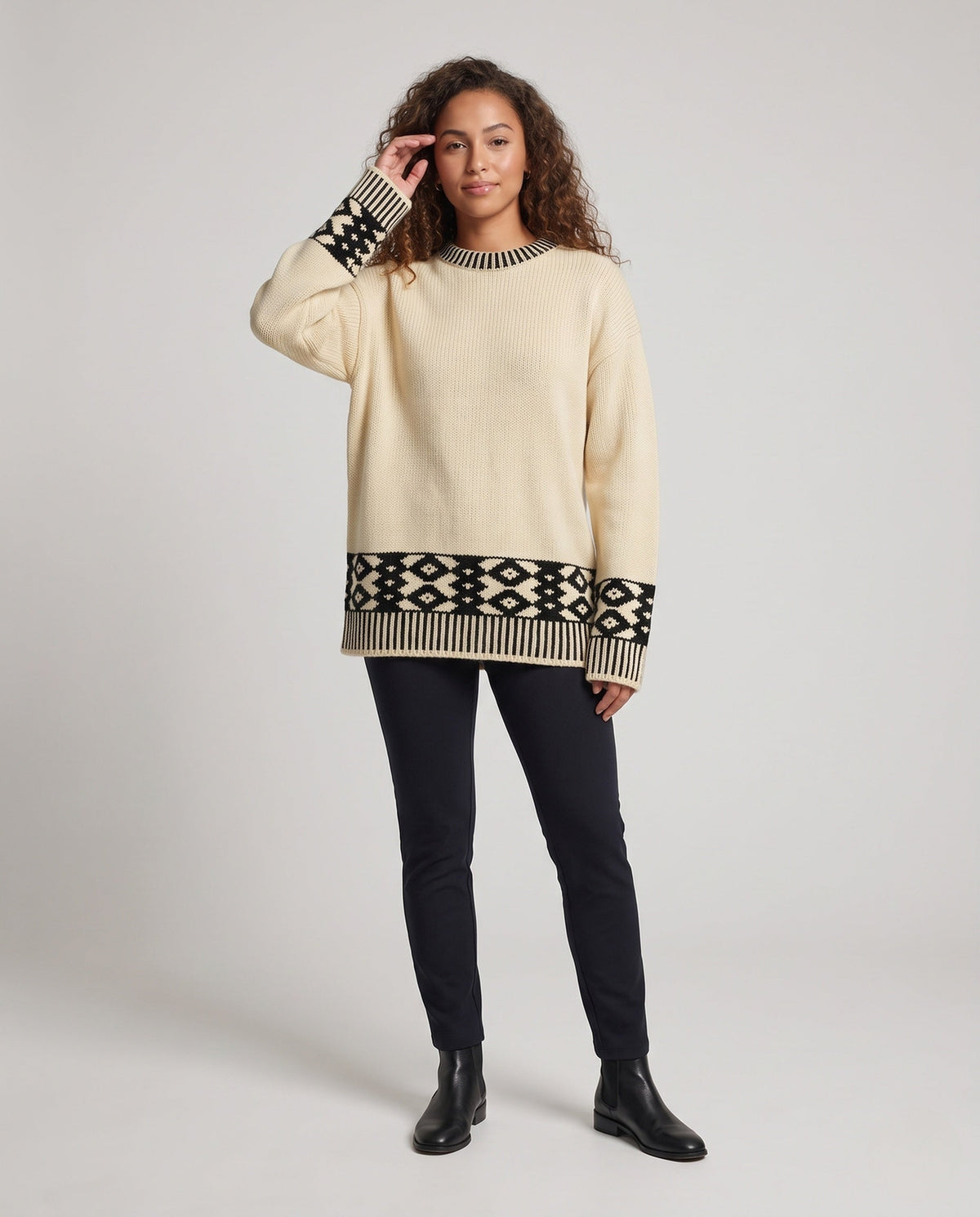 Damen Oversize Pullover Casual Norwegermuster Rippbündchen