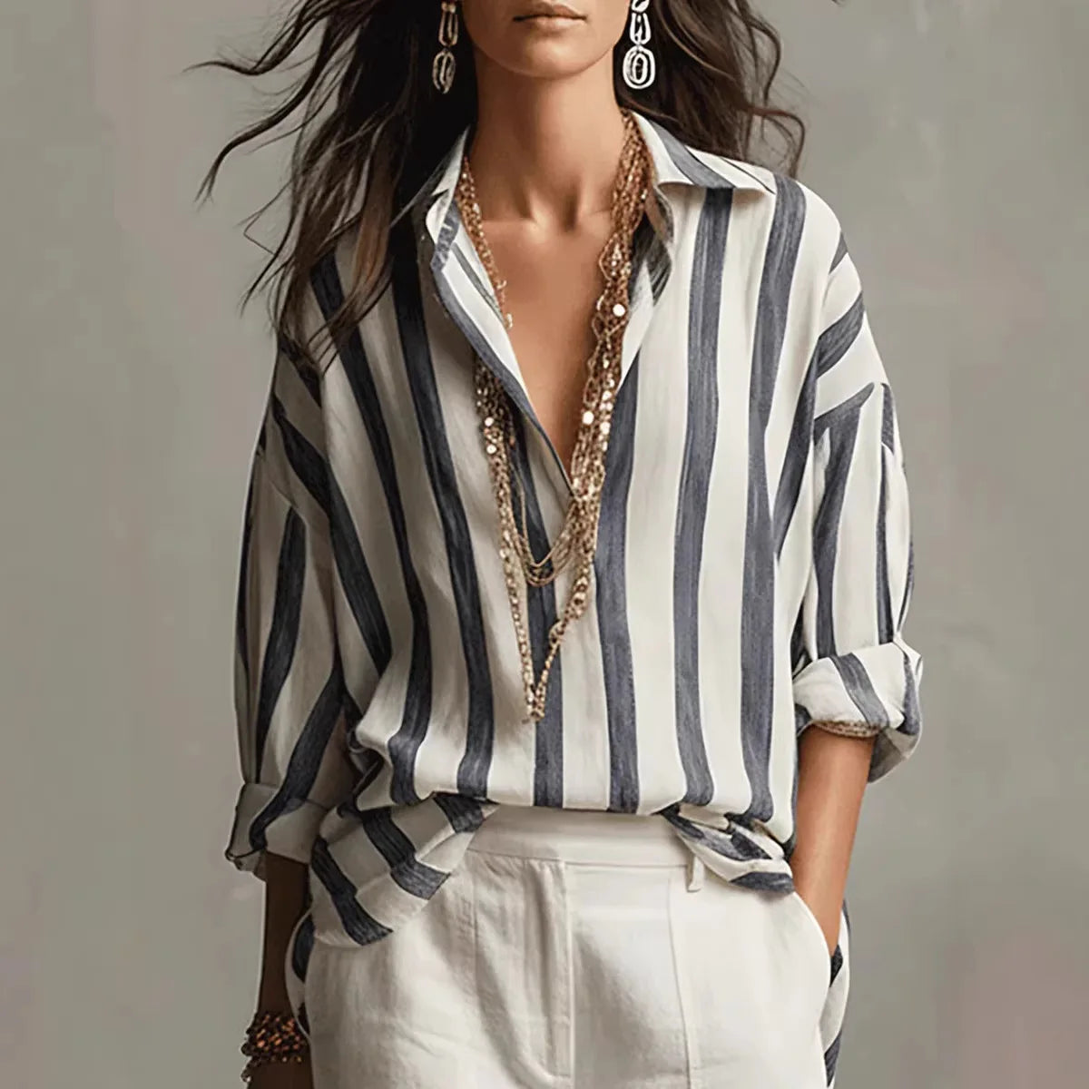 Hemd Damen Relaxed Fit Casual Langarm Streifen