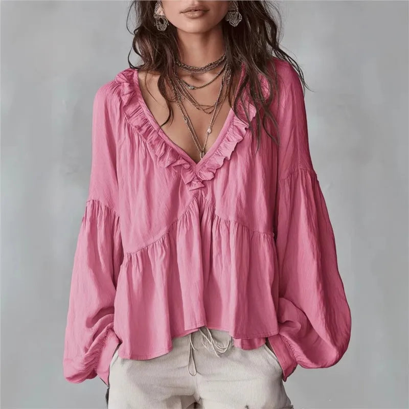 Bluse Damen Locker V-Ausschnitt Lange Puffärmel Sommer