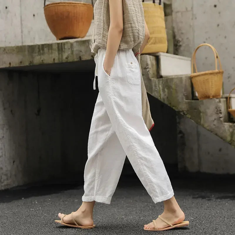 Damen Leinenhose Relaxed Fit Freizeit mit elastischem Bund