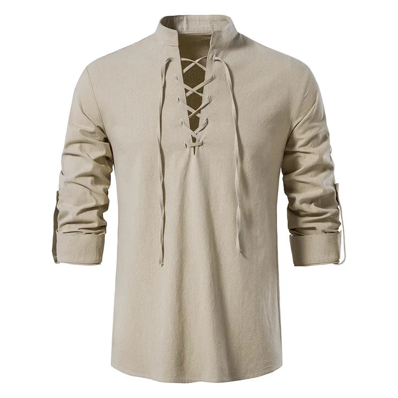 Sommerhemd Herren Relaxed Fit Freizeit mit Bindeband am Ausschnitt