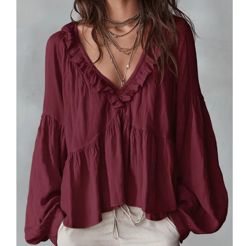 Bluse Damen Locker V-Ausschnitt Lange Puffärmel Sommer