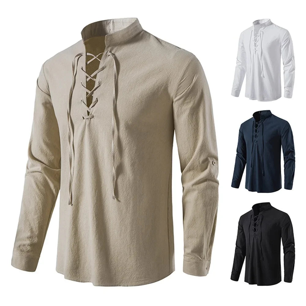 Sommerhemd Herren Relaxed Fit Freizeit mit Bindeband am Ausschnitt