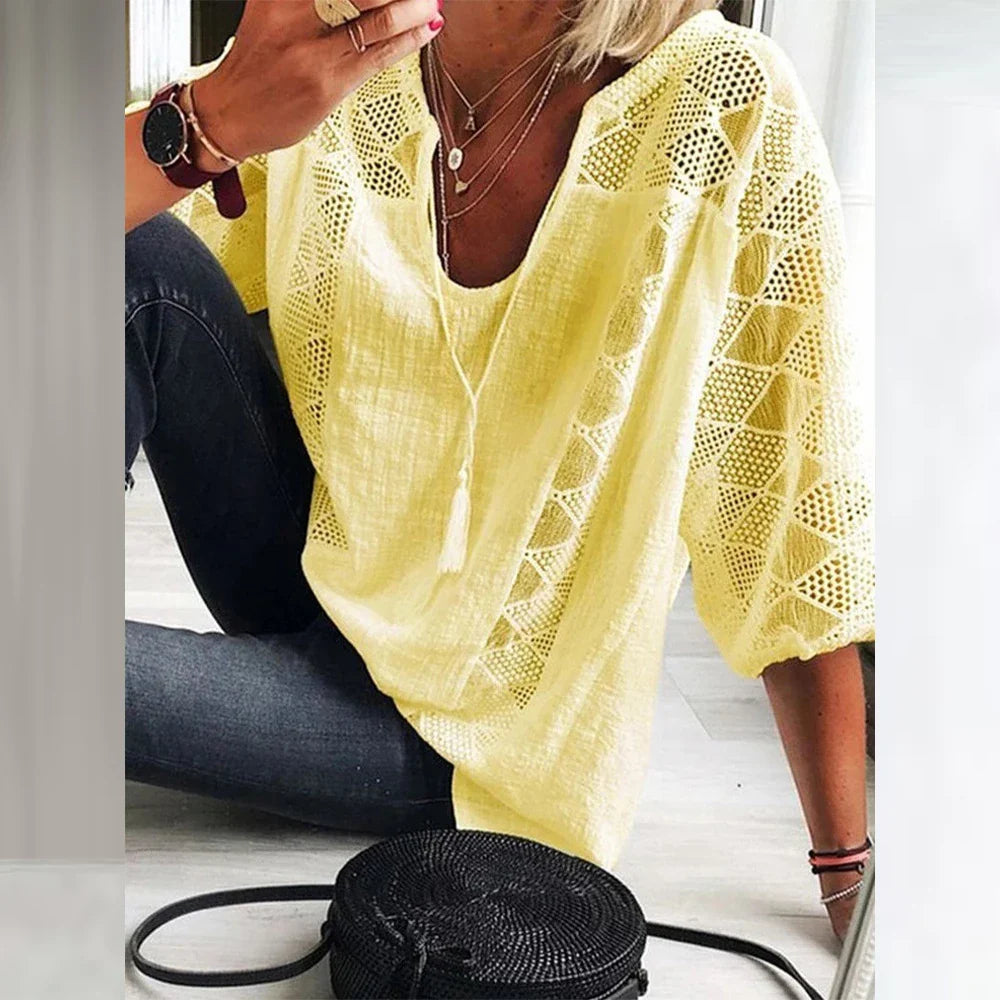 Damen Sommerbluse Relaxed Fit Sommer Freizeit mit Spitze