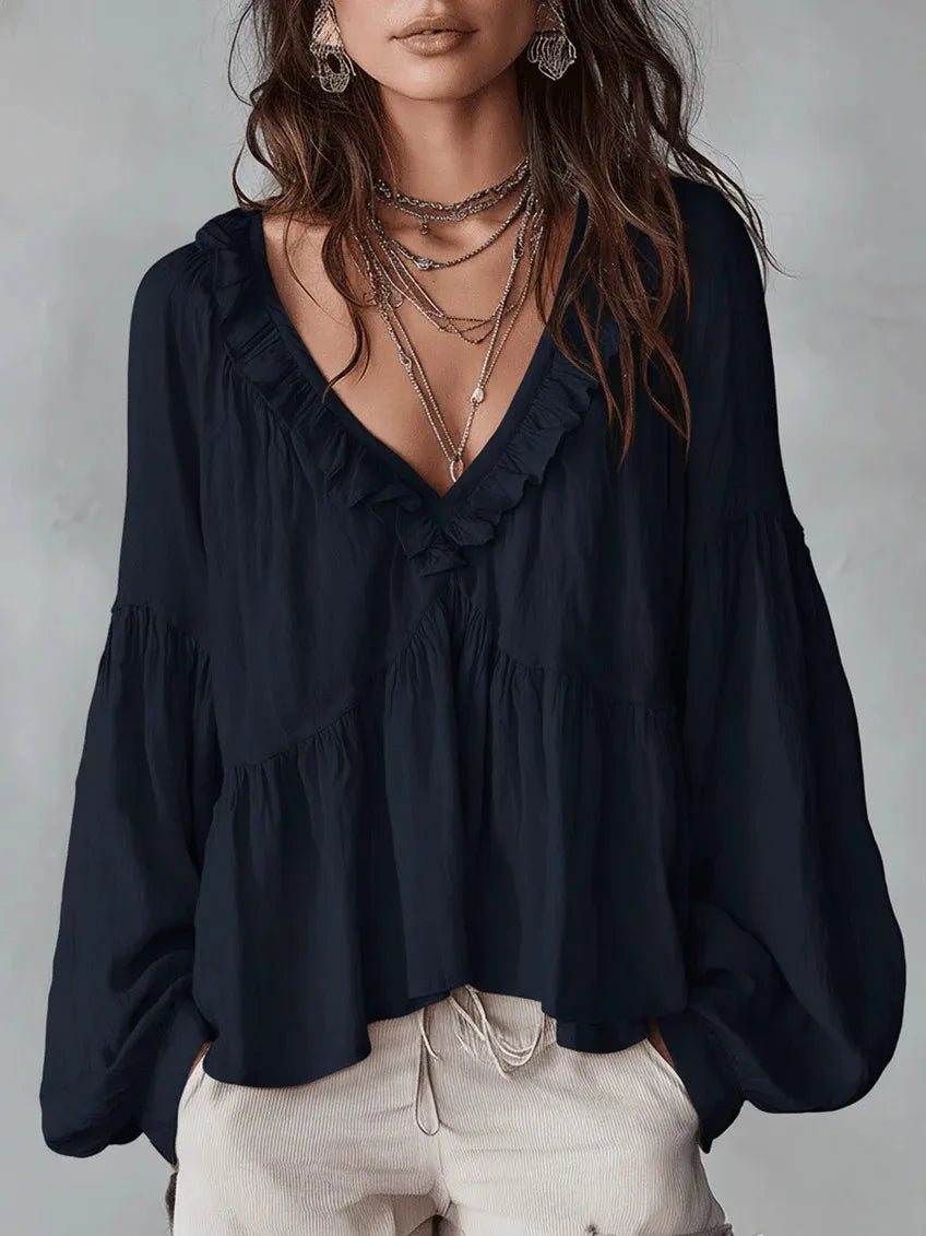 Bluse Damen Locker V-Ausschnitt Lange Puffärmel Sommer