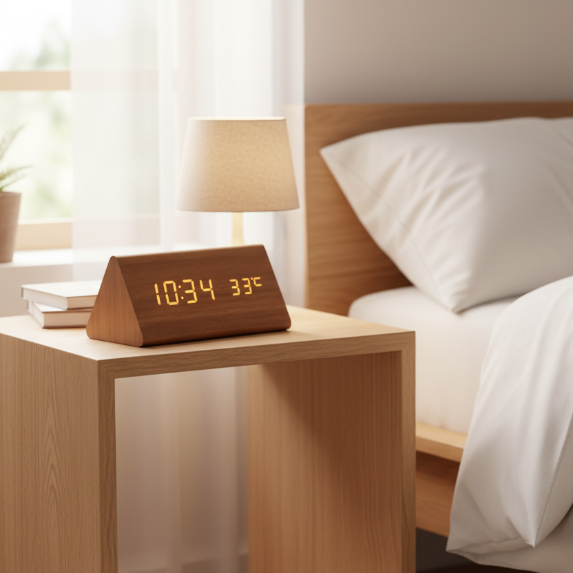 LED Nachttischlampe mit Holz & Uhr – Touch & Dimmbar | Tischlampe Schlafzimmer Modern